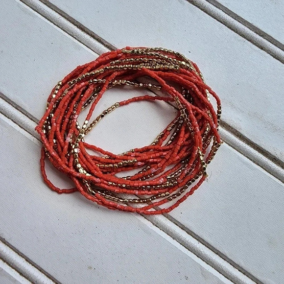 Set Bohemian Beaded Bracelet Women Bracelet Stackable Crafted Coral Pink Gold - Picture 1 of 5